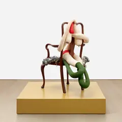 Sarah Lucas, SOMEONE DROPPED A BOMB ON ME, 2020, tights, wire, wool, bulldog clip, shoes, acrylic, wooden chair, on artist's wooden plinth