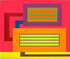 Peter Halley, Night Watch, 2006, acrylic, fluorescent acrylic and Roll-a-Tex on 2 adjoined canvases