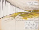 Running Fence (Project for Sonoma County and Marin County, State of California) by Christo, 1975, charcoal, ballpoint pen, pencil, pastel, wax crayon, fabric and printed paper collage on paper, mounted on board, sold Jun 2023