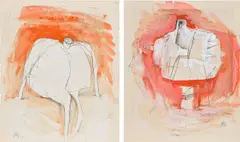 Bernard Meadows, Two works: (i) Drawing for Sculpture (Fat Seated Figure) ; (ii) Drawing for Sculpture (Armed Bust Version 2), 1962, graphite and watercolour on paper, mounted on card