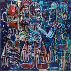 Untitled by Aboudia, 2018, acrylic, oil stick and paper collage on canvas, sold Jun 2023