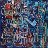 Aboudia, Untitled, 2018, acrylic, oil stick and paper collage on canvas