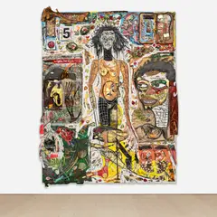 Alexandre Diop, Le Métisse Parisien, 2022, nails, staples, tacks, fabric, string, wire, thread, glitter, found metal, leather, plastic, canvas, wicker, paper, pastel, oil and acrylic on panel