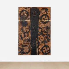 This Year by Rashid Johnson, 2014, branded red oak flooring, black soap, wax, spray and enamel, sold Oct 2023