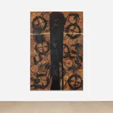Rashid Johnson, This Year, 2014, branded red oak flooring, black soap, wax, spray and enamel