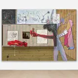 DOOR by George Condo, Jake Chapman, Dinos Chapman and Paul McCarthy, 2006, oil, acrylic, wood, cotton shirt, metal clamp and string on canvas, offered Oct 2023