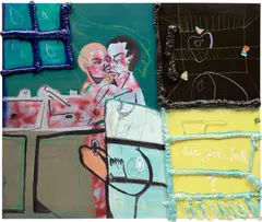 Jonathan Lyndon Chase, Open with Him, 2018, spray paint, paper collage, spray foam, acrylic, oilstick and marker on canvas