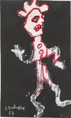 Personnage rose, fond noir by Jean Dubuffet, gouache on postcard, sold Oct 2023