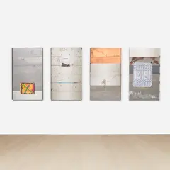 Oscar Murillo, Tensions 2, 2014, raw steel, aluminium, copper, polished stainless steel, plywood, copper wire, thread, tape and oil on paper and plastic, in 4 parts