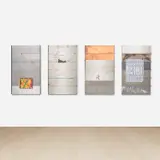 Oscar Murillo, Tensions 2, 2014, raw steel, aluminium, copper, polished stainless steel, plywood, copper wire, thread, tape and oil on paper and plastic, in 4 parts