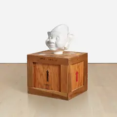 Paul McCarthy, Dwarf Head, 2000, platinum-based silicon and wood crate