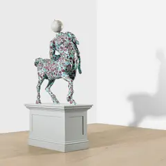 The Furietti Old Centaur by Yinka Shonibare Cbe Ra, 2018, cast fibreglass, hand-painted with Dutch wax Batik pattern and bespoke hand-coloured globe, on artist's wooden plinth, sold Oct 2023