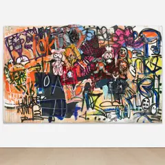 Aboudia, Untitled, 2022, acrylic, oil stick, spray paint and mixed media collage on canvas