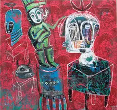 Yannick Ackah, Le Petit Prince, 2022, acrylic, crayon, newspaper, paper and fabric collage on canvas