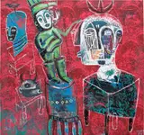 Yannick Ackah, Le Petit Prince, 2022, acrylic, crayon, newspaper, paper and fabric collage on canvas