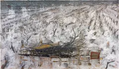 Anselm Kiefer, Das einzige Licht, 2006, oil, emulsion, acrylic, charcoal, lead boat, branches, chairs and plaster on canvas, in 3 parts