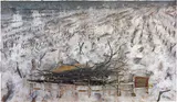 Anselm Kiefer, Das einzige Licht, 2006, oil, emulsion, acrylic, charcoal, lead boat, branches, chairs and plaster on canvas, in 3 parts