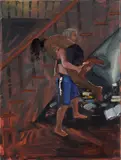 Jenna Gribbon, Hiding Place Under the Stairs Wrestlers, 2019, oil on linen