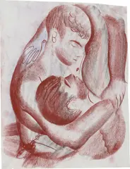 Upside down embrace by Louis Fratino, 2018, sanguine and coloured pencil on paper, sold Dec 2023