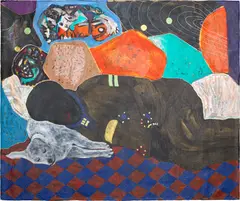 Godwin Champs Namuyimba, Let the sleeping dogs lie, 2021, oil on canvas