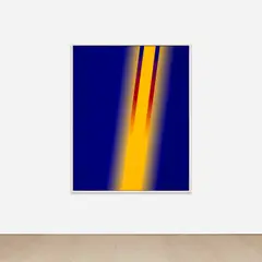 Cory Arcangel, PHOTOSHOP CS: 60 BY 48 INCHES, 300 DPI, RGB, SQUARE PIXELS, DEFAULTS “BLUE, YELLOW, BLUE”, MOUSEDOWN Y=30 X=5100, MOUSEUP Y=1170 X=13890; PHOTOSHOP TOOL “WAND”, CLICK= Y=1080 X=8460, TOLERANCE=30; DEFAULT GRADIENT “BLUE, RED, YELLOW”, MOUSEDOWN Y=450 X=9240, MOUSEUP Y=11940 X=7800, 2013, chromogenic print, in artist's frame
