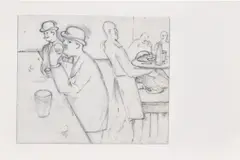 Richard Hamilton, The Press - looking for “Human Interest”. View artists as conmen and parasites + spend time trying to prove this, 1988, graphite on paper mounted on paper