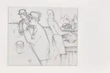 Richard Hamilton, The Press - looking for “Human Interest”. View artists as conmen and parasites + spend time trying to prove this, 1988, graphite on paper mounted on paper