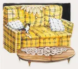 The Yellow Couch by Nikki Maloof, 2020, gouache, coloured pencil and paper collage on paper, offered Dec 2023