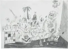 Love is a Battlefield #4 by Eddie Martinez, 2006, graphite on paper, sold Dec 2023