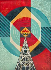 Radio Tower by Shepard Fairey, 2021, silkscreen and card collage on canvas, sold Dec 2023