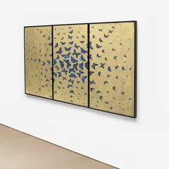 Patrick Rubinstein, Envolez-Vous, 2021, golden leaf and printed paper collage on panel, triptych, in artist's frame