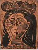Femme au chapeau fleuri (Woman with Flowery Hat) (R. 521) by Pablo Picasso, 1964, Red earthenware tile painted in black, sold Jan 2023