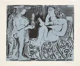 Deux femmes avec un vase à fleurs (Two Women with a Vase of Flowers) (Bl. 915, Ba. 1239) by Pablo Picasso, 1959, Linocut in colours, on Arches paper, with full margins, sold Jan 2023