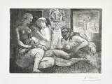 Pablo Picasso, Quatre femmes nues et tête sculptée (Four Nude Women and a Carved Head), plate 82 from La Suite Vollard (Bl. 219, Ba. 424), 1934, Etching, scraper and burin, on laid Montval paper watermarked Vollard , with full margins