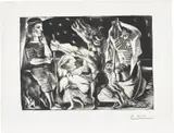 Pablo Picasso, Minotaure aveugle guidé par Marie-Thérèse au pigeon dans une nuit étoilée (Blind Minotaur Guided Through a Starry Night by Marie-Thérèse with a Dove), plate 97 from La Suite Vollard (Bl. 225, Ba. 437), 1934, Sugar-lift aquatint, scraper, drypoint and engraving, on laid Montval paper watermarked Vollard , with full margins