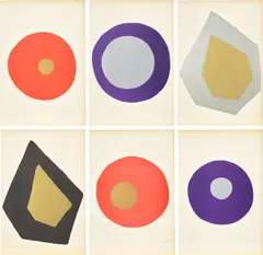 Concetti Spaziali di Lucio Fontana (Spatial Concepts by Lucio Fontana) (R. & R. L-1:L-6) by Lucio Fontana, 1951, Six lithographs in colours with metallic inks, from the set of 7 (lacking L-7), on wove paper, with full margins, with t, sold Jan 2023