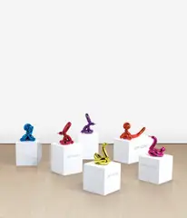 Jeff Koons, Balloon Animals Collector's Set, 2017, The complete set of six porcelain multiples painted in chrome, all contained in the original Styrofoam-lined boxes with silver printed signature