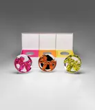 Jeff Koons, Balloon Dogs Presentation Set (Magenta, Orange, Yellow), 2015, The compete set of three porcelain multiples painted in chrome, all contained in the original Styrofoam-lined presentation box with silver printed signature, with the original plastic stands
