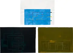 Robyn Denny, 77-9; 77-17; and 77-35, 1976; and 1977, Three drawings, one gouache with collage on T.H. Saunders paper, one gouache with crayon on T.H. Saunders paper, and one gouache with crayon on Crispbrook handmade paper