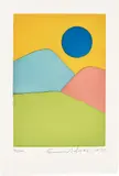 Etel Adnan, L'Apocalypse Arabe (The Arab Apocalypse), 2020, Aquatint in colours, on wove paper, with full margins, with accompanying 88-page book, the sheet loose (as issued) contained in the original purple linen-covered portfolio
