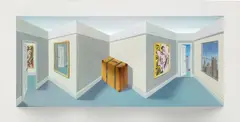 Patrick Hughes, Travel, 2004, Multiple comprising 3D lithograph in colours, with hand-colouring by Jack Shirreff, on constructed wove paper mounted to backing, within a window mount (as issued)
