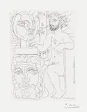 Pablo Picasso, Sculpteur et son autoportrait sculpté servant de socle à une tête de Marie-Thérèse (Sculptor with His Self-Portrait Serving as a Pedestal for a Head of Marie-Thérèse), plate 48 from La Suite Vollard (Bl. 157, Ba. 310), 1933, Etching, on Montval laid paper watermarked Picasso , with full margins
