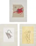 Joseph Beuys, Suite Schwurhand (Suite Oath Hand): three plates (S. 345, 361, 363), 1980, Three lithographs with etching and aquatint in colours, with Chine-collé to grey BFK Rives paper (as issued), the full sheets