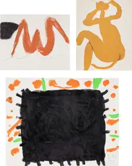 Roger Hilton, Untitled: three works, circa 1972-73, Three unique works, including one pastel on paper, one gouache with charcoal on paper, and one ink with gouache on paper
