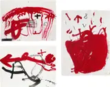 Antoni Tàpies, Carmí: plates 6, 7 and 8 (G. 1447-1449), 1994, Three etching and aquatints with carborundum in colours, on Aquari handmade paper, the full sheets