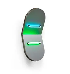 Keith Sonnier, Circular Suite #9, from Elliptical Shields Series V, 2005, A unique honeycomb-core aluminium multiple with two neon lights (clear blue and E-10 Green) and electrical components