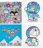 First Love: And I Contemplate About Dinner Tonight, Among Others; Doraemon, Let's Go Beyond These Dimensions on a Time Machine with Master Fujiko F. Fujio!; Wouldn't it Be Nice If We Could Do This and That; and Doraemon Sitting Up: "A Pleasant Day Under the Blue Sky" by Takashi Murakami, 2019/20, Four offset lithographs in colours, on wove paper, the full sheets and with full margins, sold Jun 2023