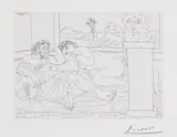 Pablo Picasso, Vieux sculpteur Grec avec modèle, vase aux trois anémones, et autoportrait sculpté (Old Greek Sculptor with Model, Vase with Three Anemones, and Sculpted Self-Portrait), plate 65 from La Suite Vollard (Bl. 174, Ba. 327), 1933, Etching, on Montval laid paper watermarked Picasso , with full margins