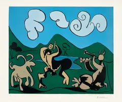 Pablo Picasso, Faunes et chèvre (Fauns and Goat) (Bl. 934, Ba. 1263), 1959, Linocut in colours, on Arches paper, with full margins