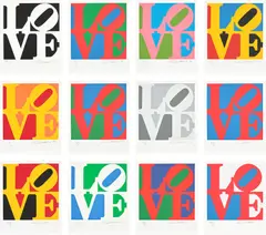Robert Indiana, The Book of Love, 1996, The complete set of 12 screenprints in colours and 12 accompanying poems with embossing, on A.N.W. Crestwood Museum paper, with full margins, with colophon, the sheets loose (as issued), all contained in the original beige paper-covered folio with printed title